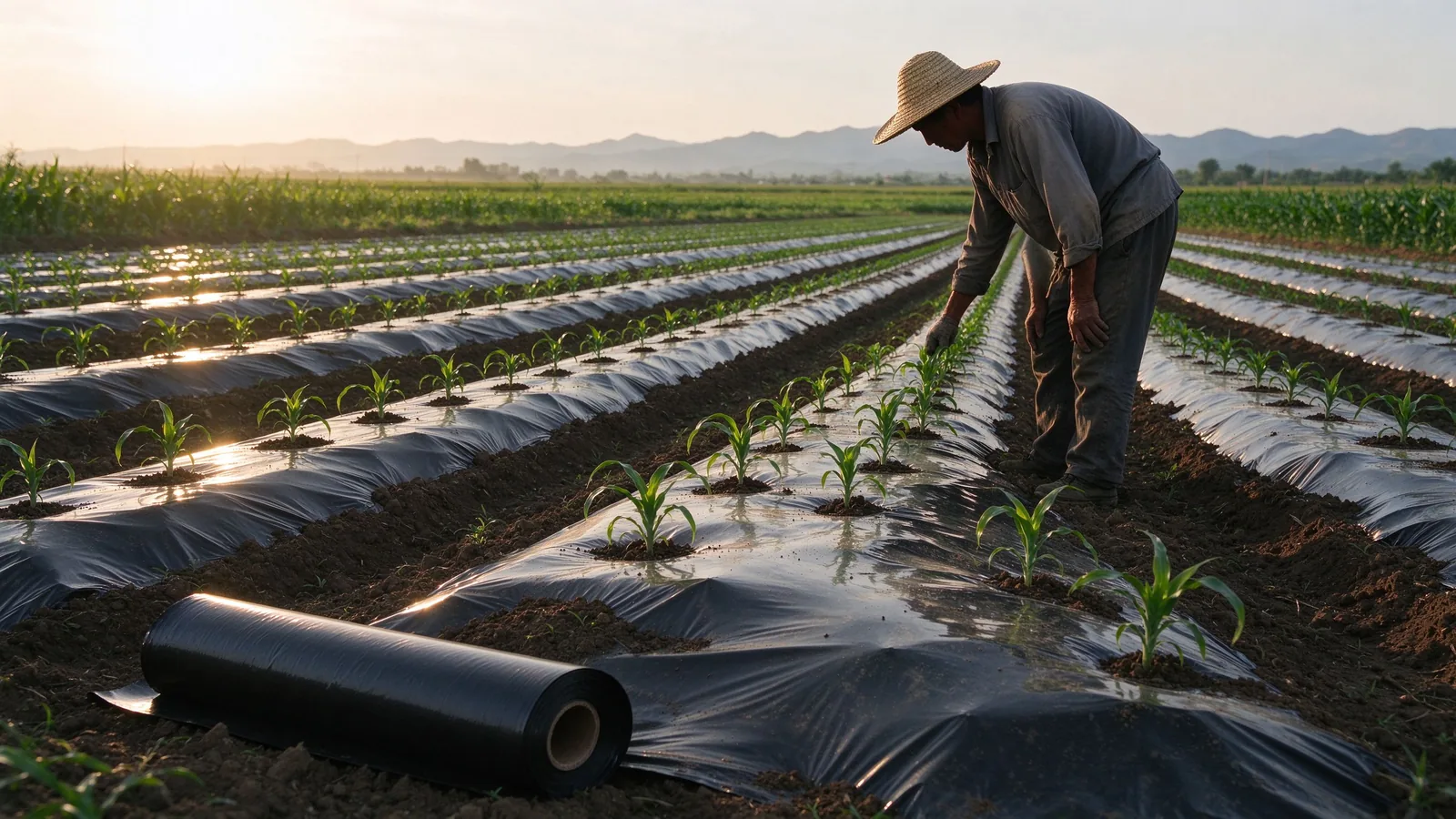 Farmer inspecting black biodegradable mulch film and seedlings in the field