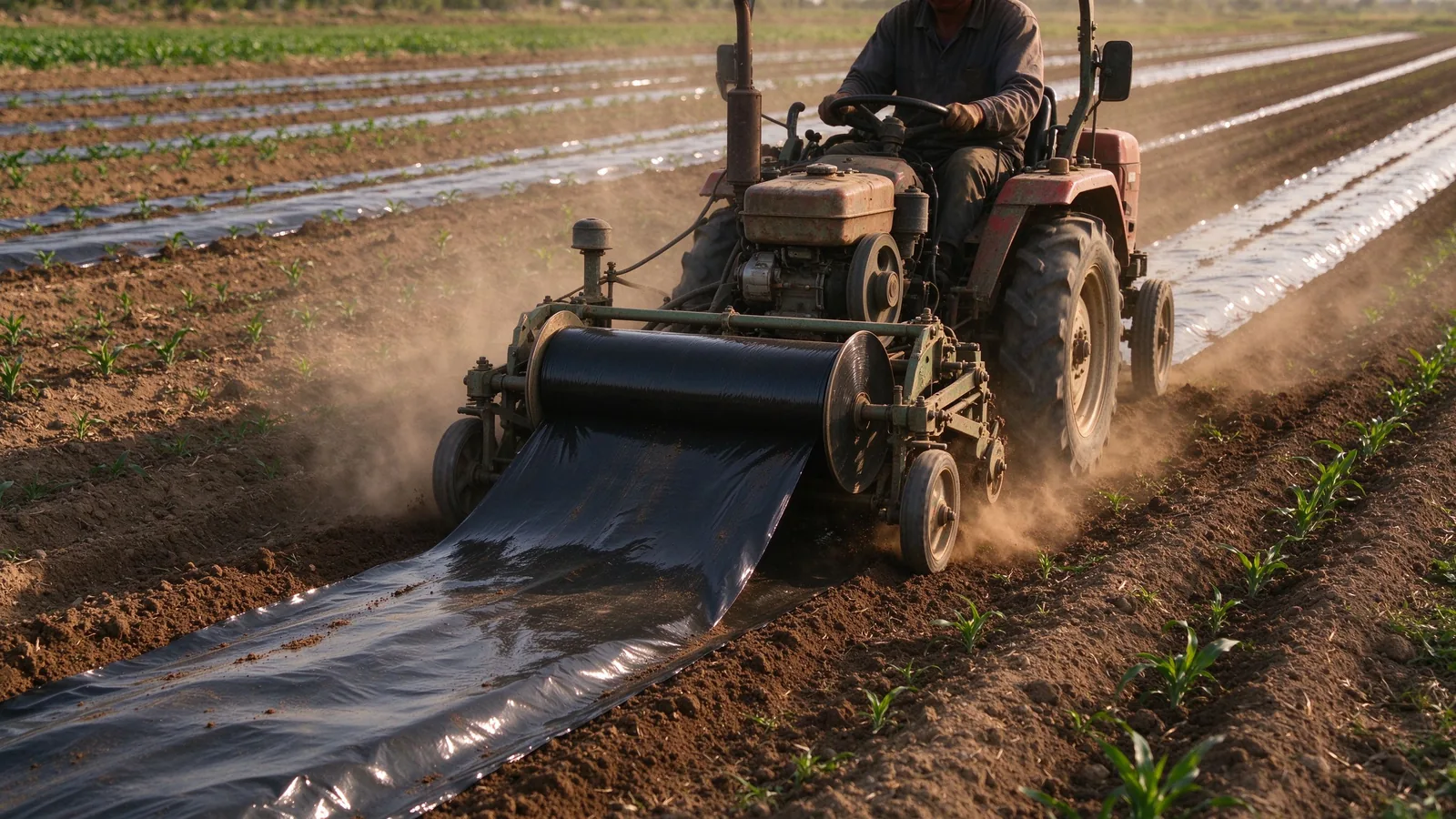 A machine unrolls and lays fully biodegradable mulch film in the field
