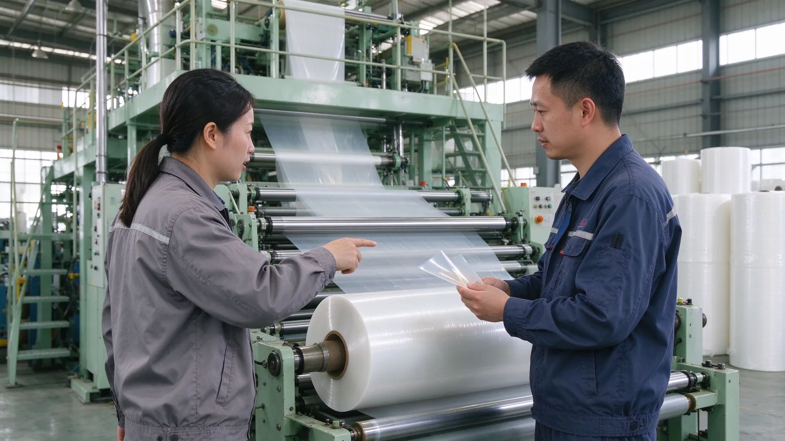 Two technicians review a film sample and discuss process conditions on the blown-film line