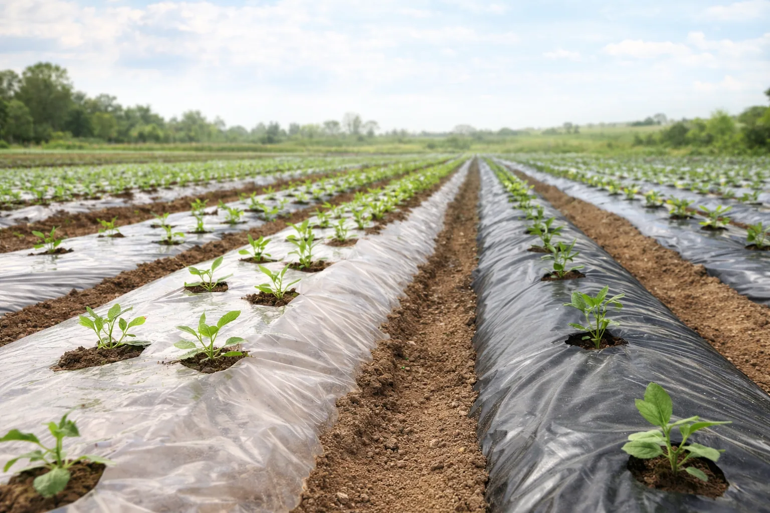 Agricultural mulch film laid across field rows