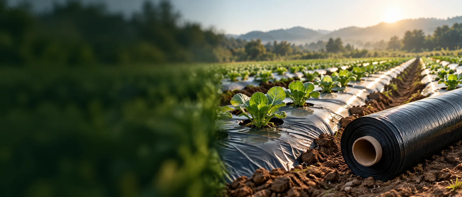 Field application illustration of black agricultural mulch film, seedlings and a film roll