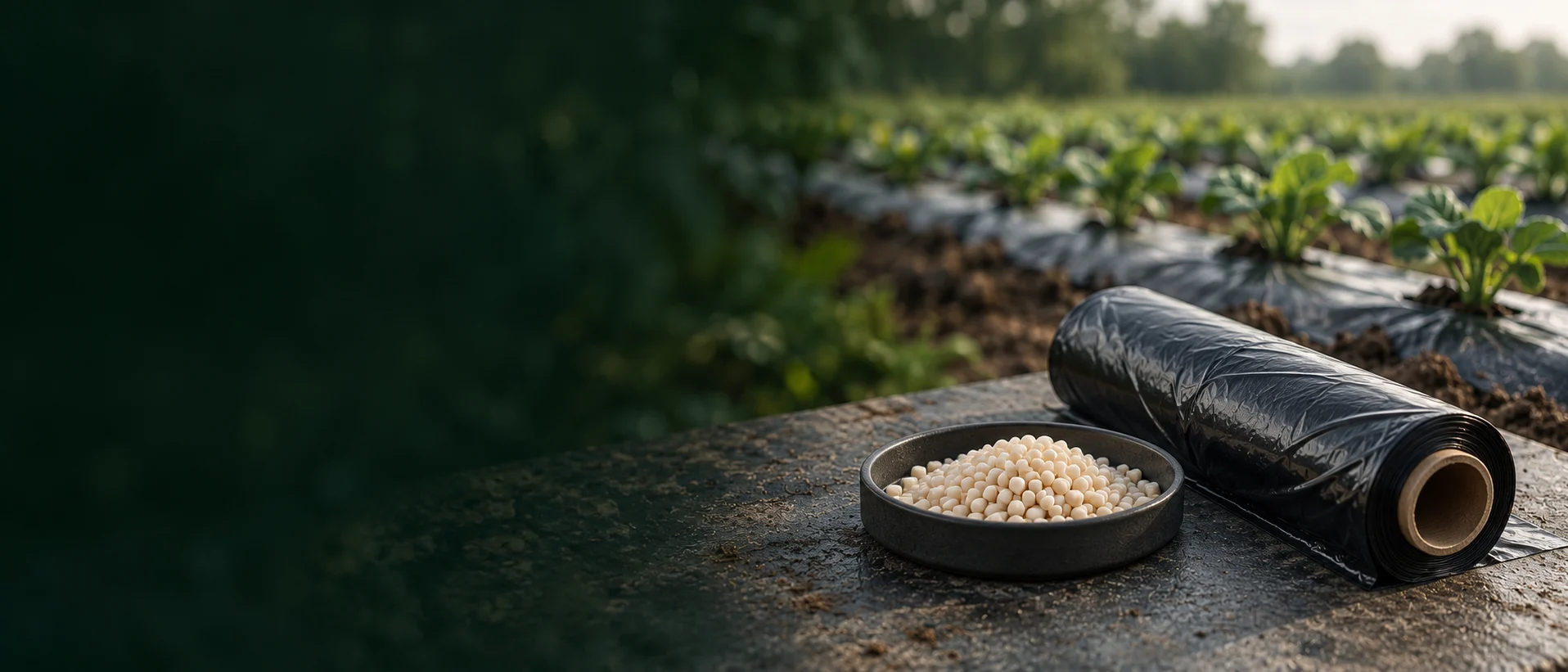 Ivory masterbatch samples and a black agricultural mulch film roll with field rows in the background, application illustration