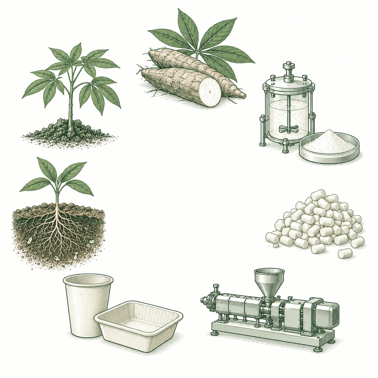 Conceptual material lifecycle showing plant feedstock, starch extraction, pellets, processing equipment, products, soil breakdown and plant growth
