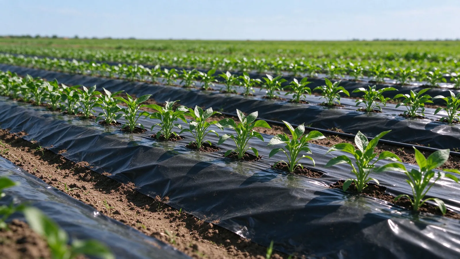Project field overview: crops emerging through fully biodegradable black mulch film