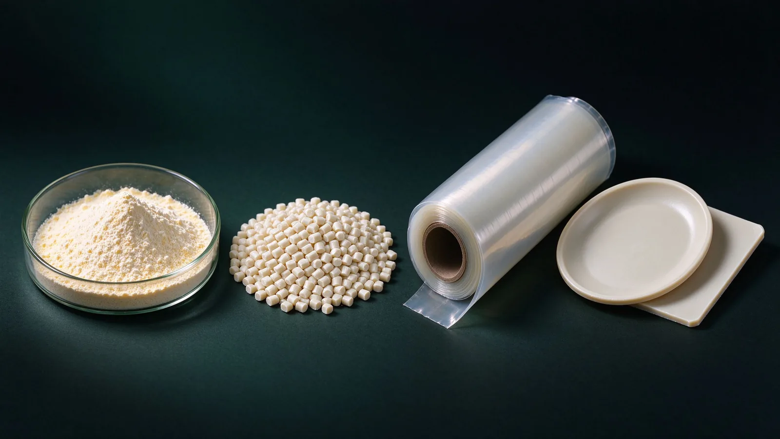 Material illustration with starch powder, ivory PFM pellets, a film roll and molded sample plaques